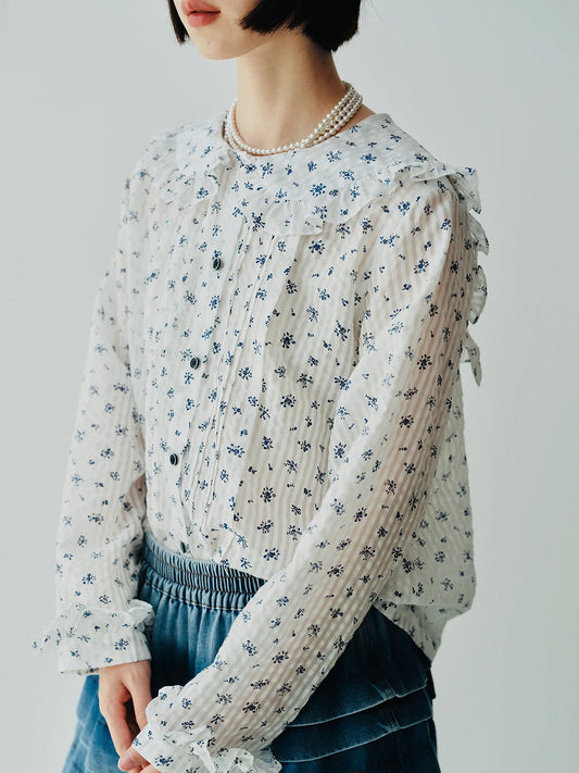 Japanese Floral Navy Collar Long Sleeve Shirt