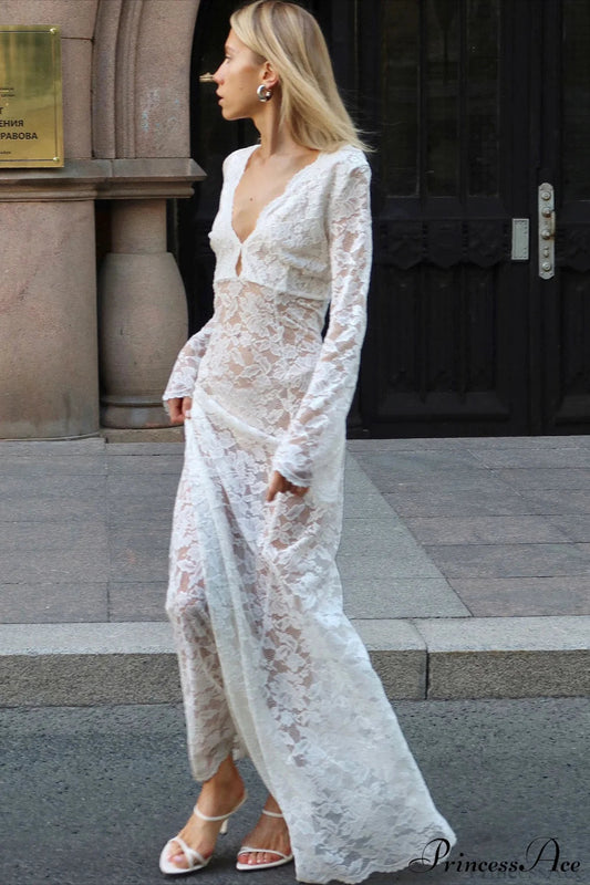 Jacquard Sheer Lace Sexy Bodycon Maxi Dress