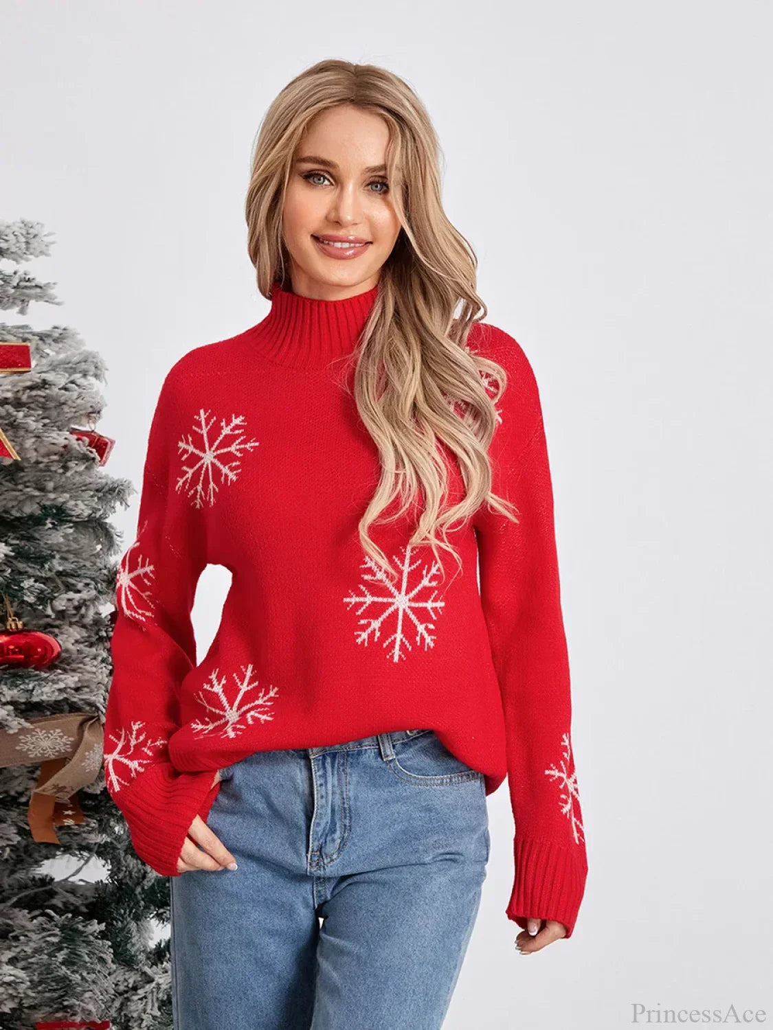 Jacquard Snowflake Long Sleeve Turtleneck Loose Knit Christmas Sweater Red / S Sweaters-L