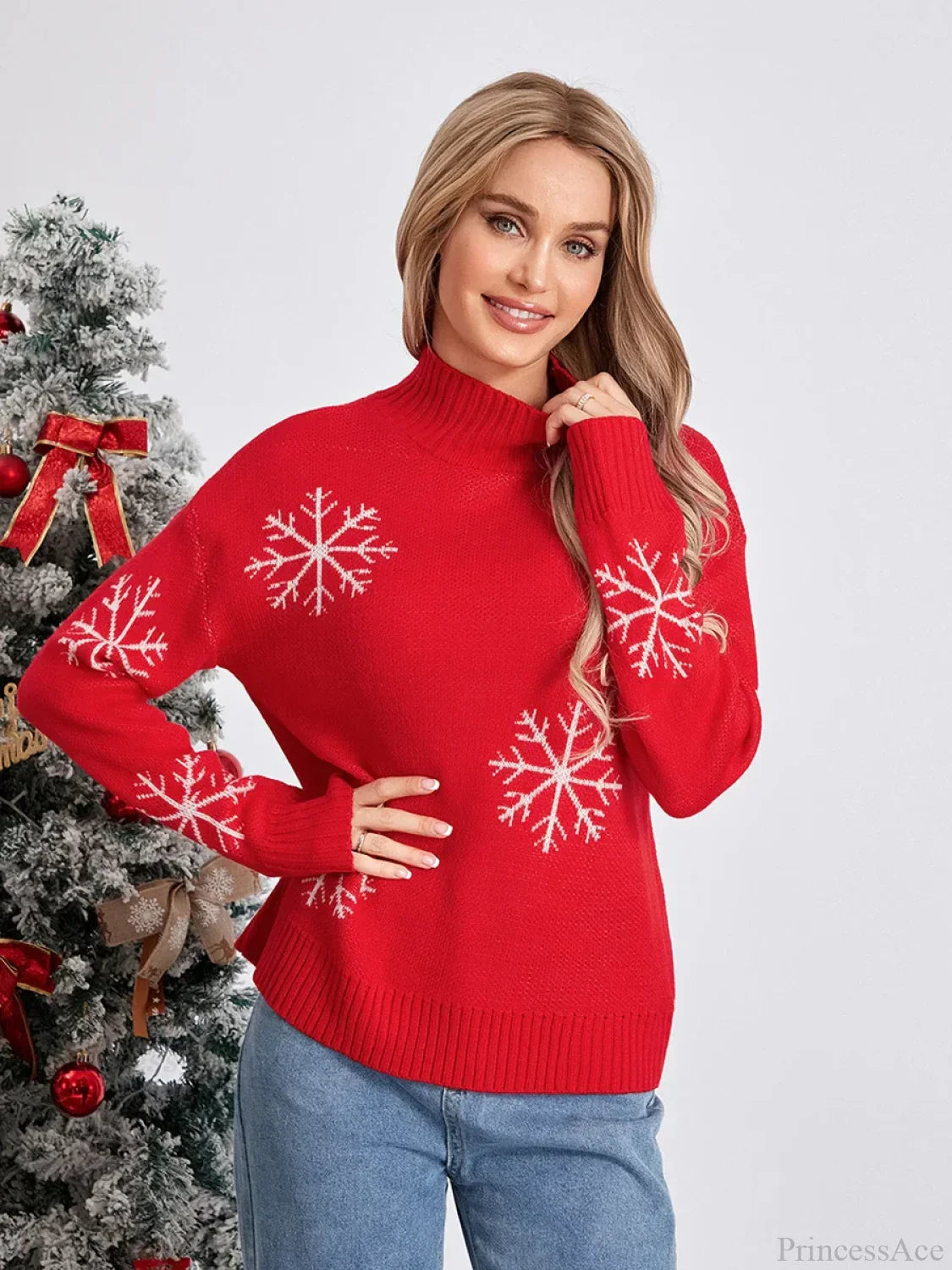 Jacquard Snowflake Long Sleeve Turtleneck Loose Knit Christmas Sweater Sweaters-L