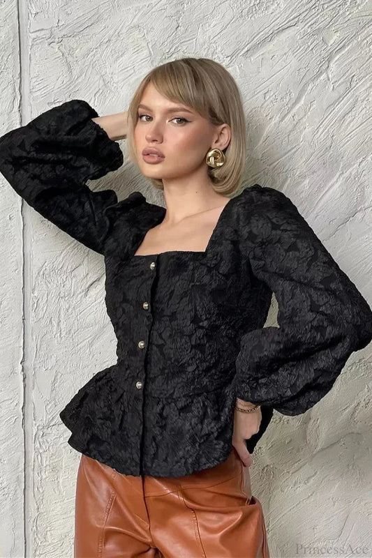 Jacquard Sophisticated Square Neck Puff Sleeve Blouse
