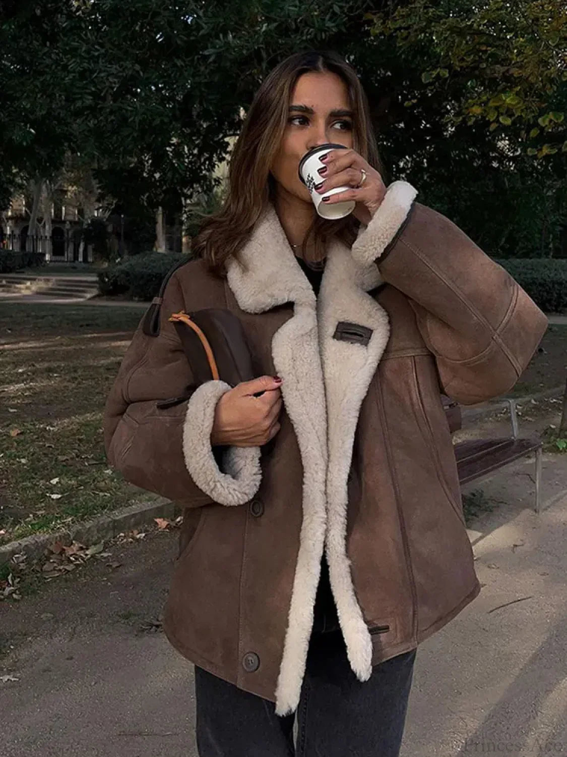 Khaki Single Breasted Leather Coat