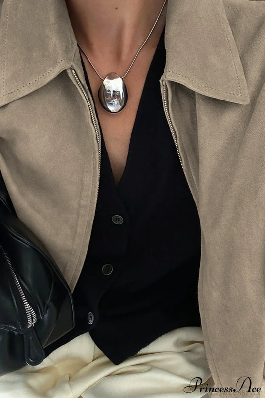 Khaki Suede Collared Oversized Retro Coat