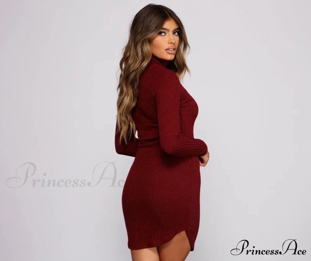 Knit Girl Stylish Turtleneck Mini Dress Sweaters-L