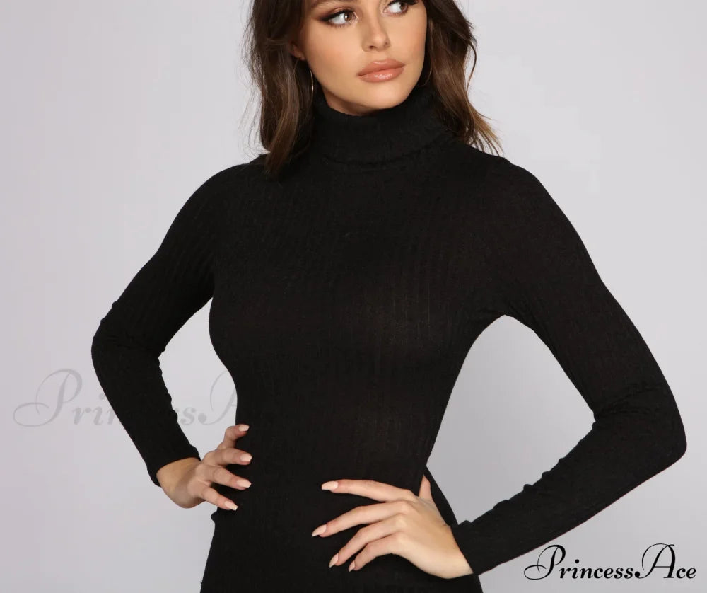 Knit Girl Stylish Turtleneck Mini Dress Sweaters-L