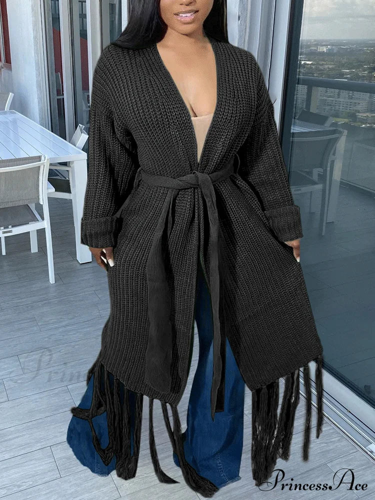 Knit Slit Graceful Turtleneck Sweaters Black / S Coats & Jackets