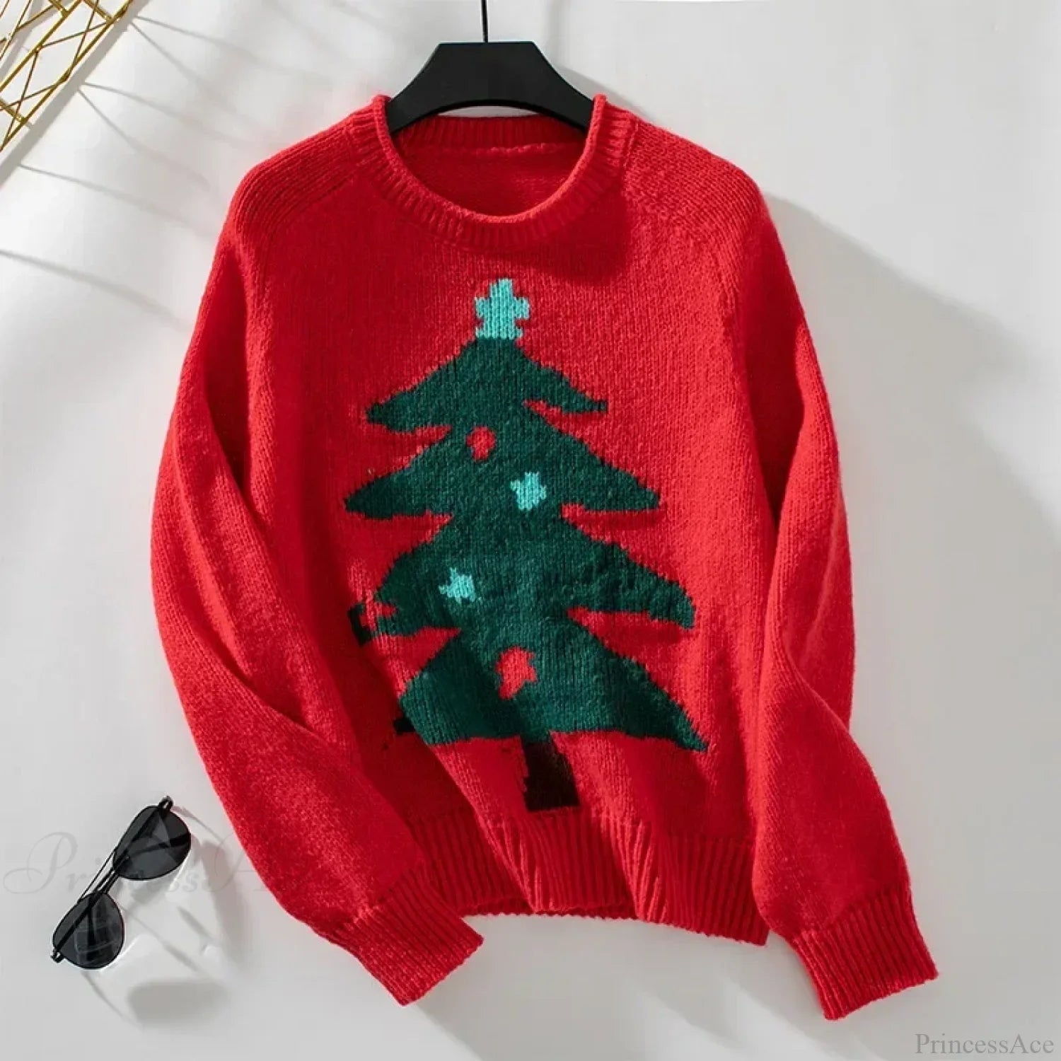 Knitted Autumn Winter Christmas Tree Pattern Long Sleeve Oversized Sweater Red / S Sweaters-L