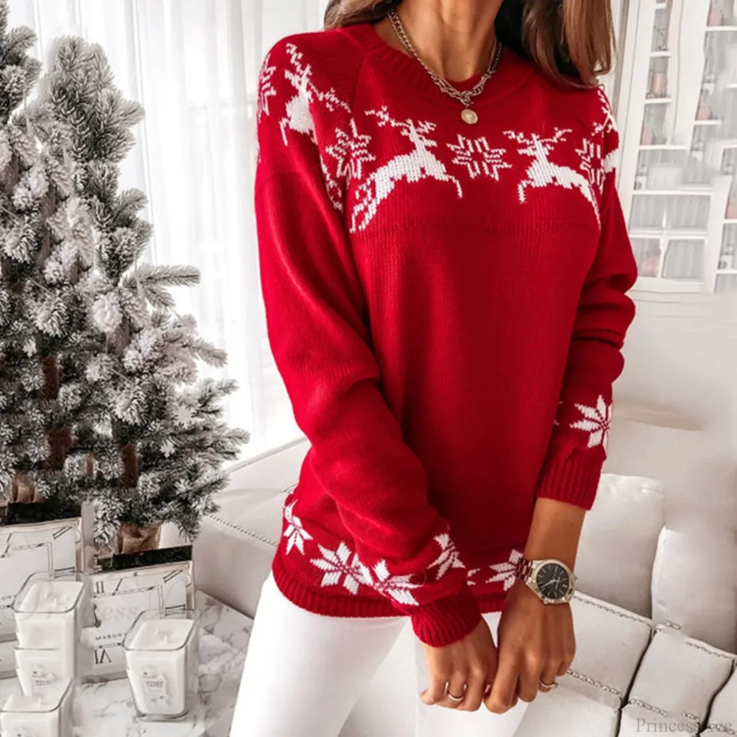 Knitted Round Neck Casual Long Sleeve Christmas Deer Jumper Sweater Sweaters-L