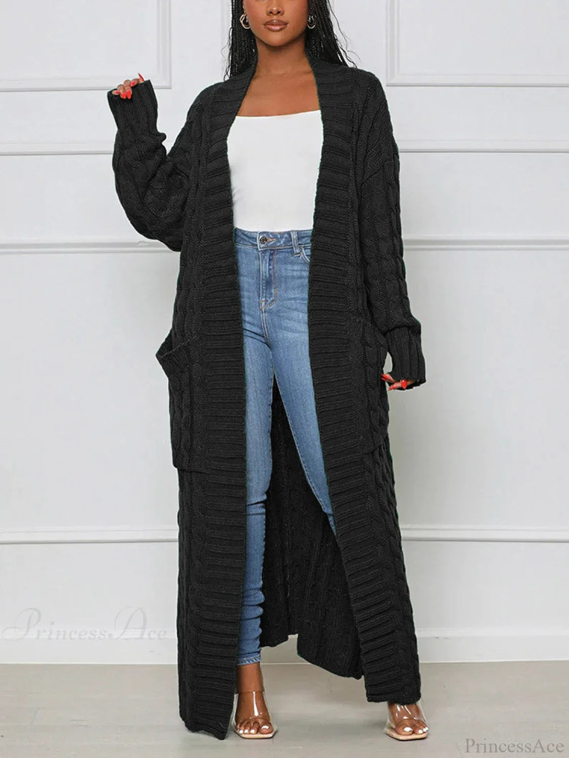 Knitted Solid Graceful Open Front Cardigan Black / S