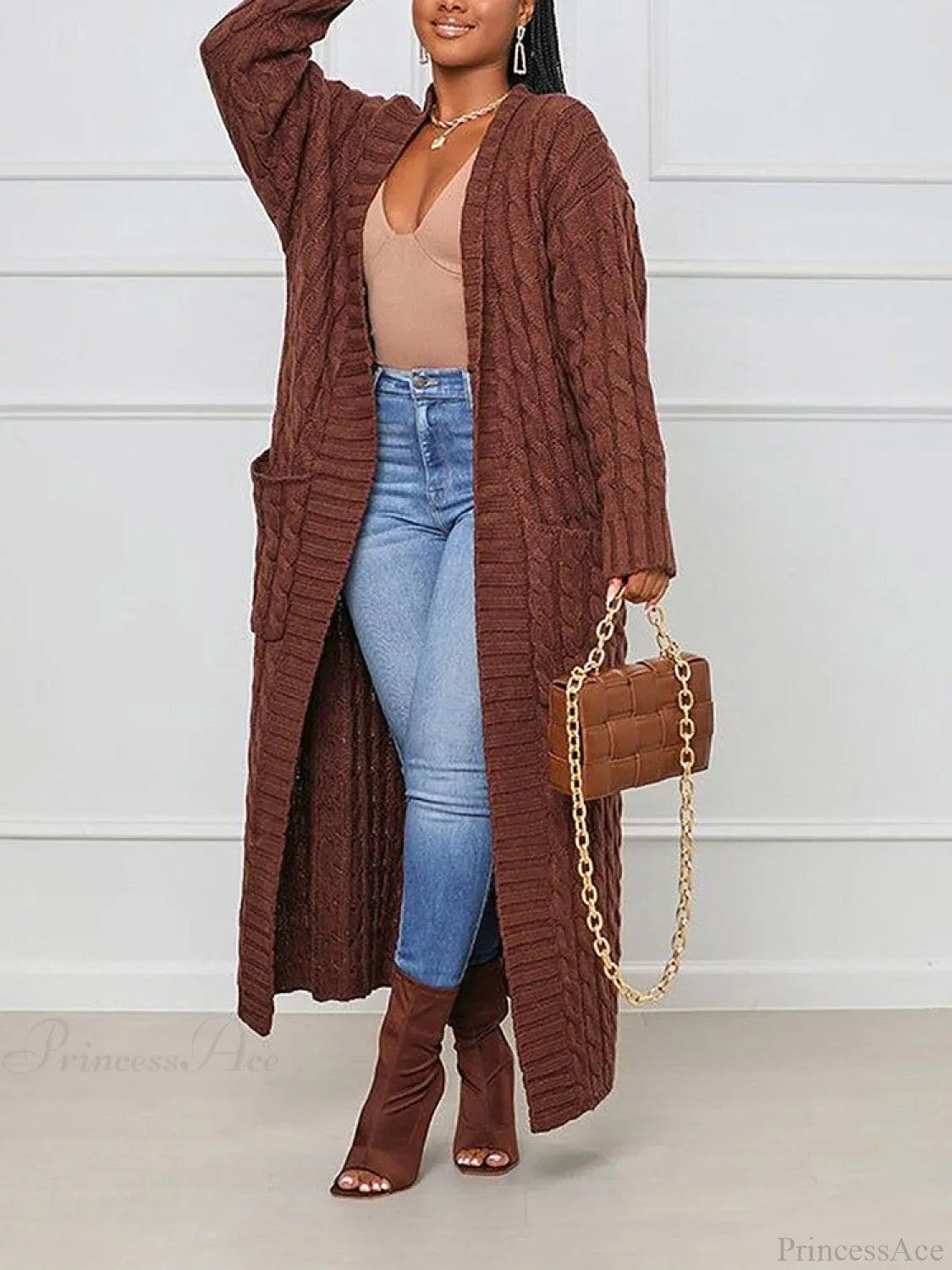 Knitted Solid Graceful Open Front Cardigan Coffee / S