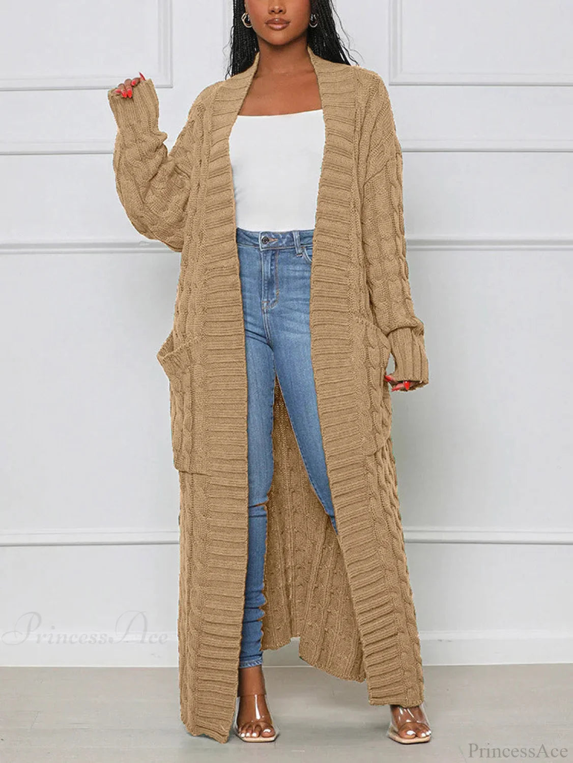 Knitted Solid Graceful Open Front Cardigan Khaki / S
