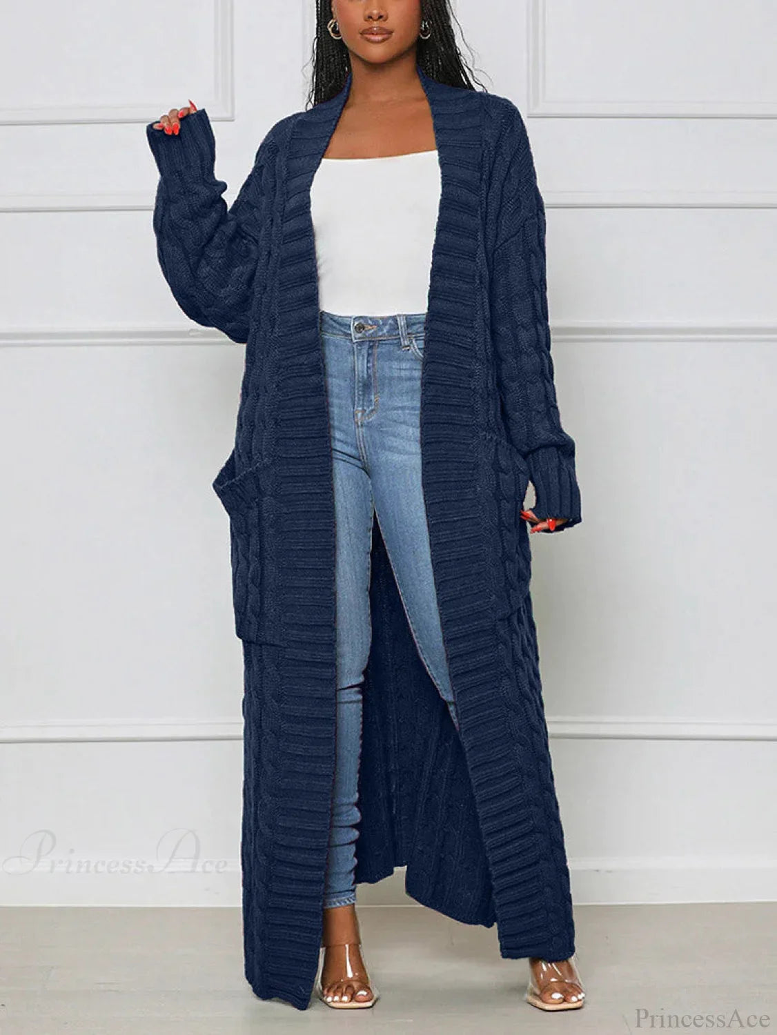 Knitted Solid Graceful Open Front Cardigan Navy / S