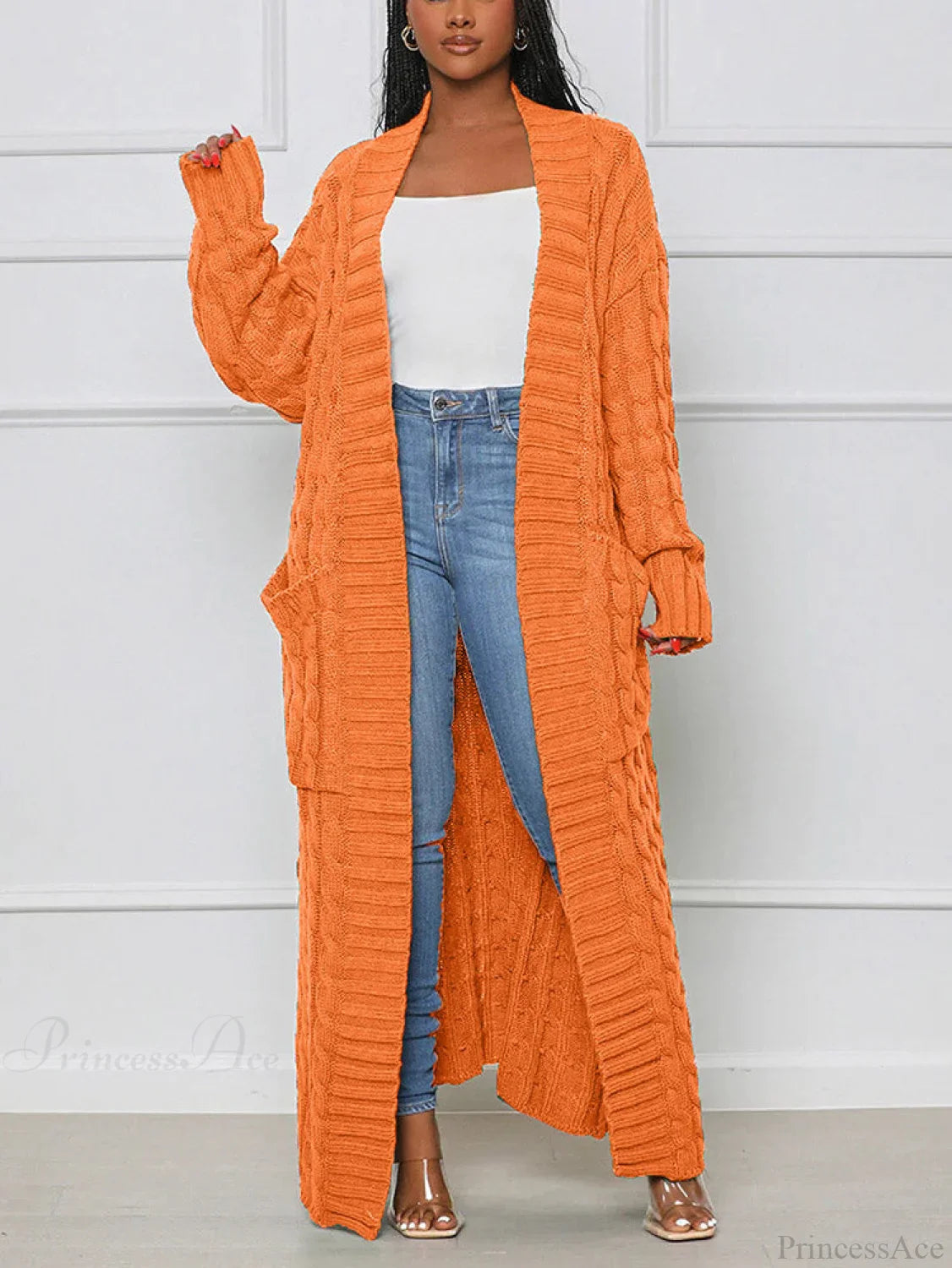 Knitted Solid Graceful Open Front Cardigan Orange / S