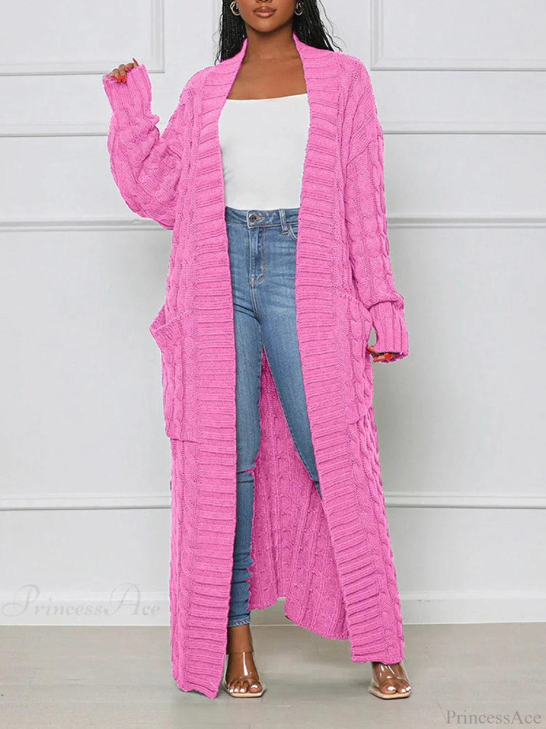 Knitted Solid Graceful Open Front Cardigan Pink / S
