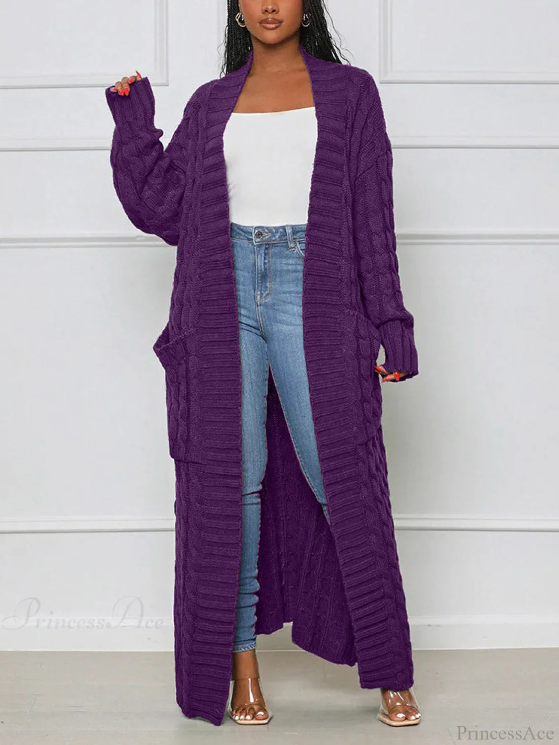 Knitted Solid Graceful Open Front Cardigan Purple / S