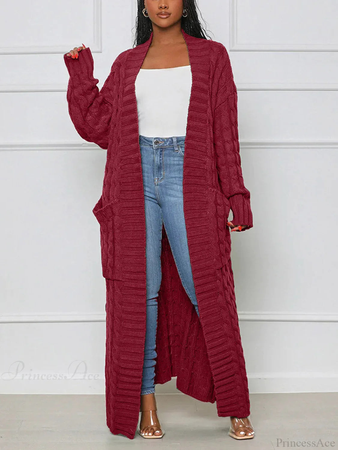 Knitted Solid Graceful Open Front Cardigan Red / S