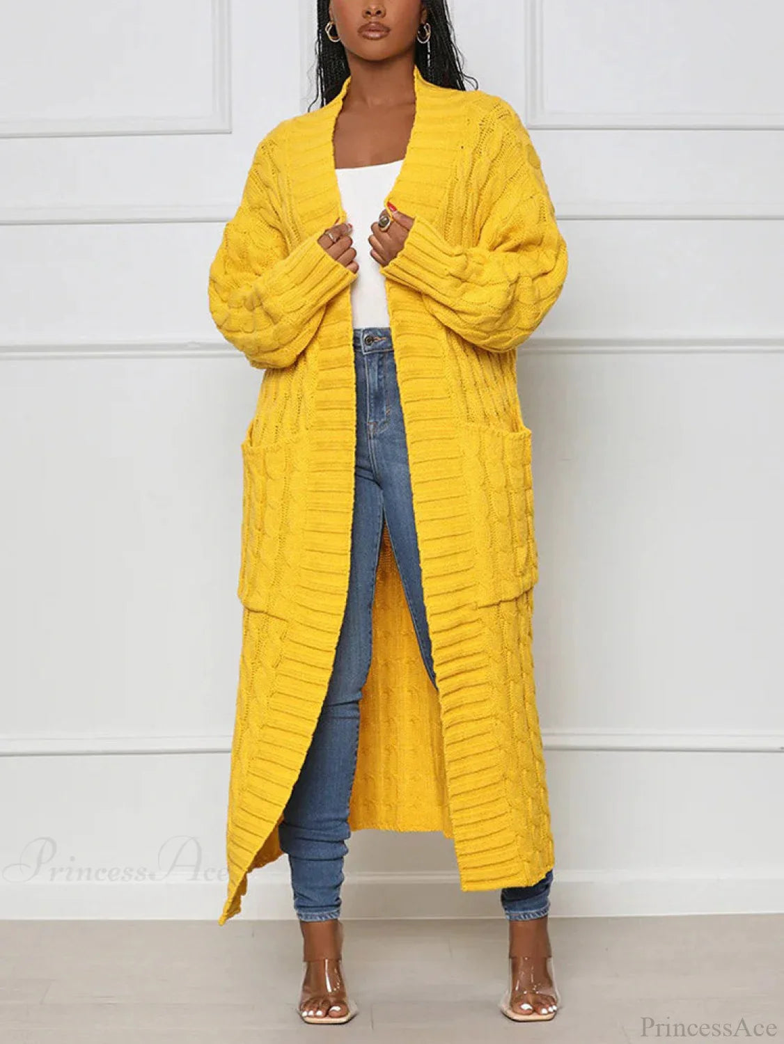 Knitted Solid Graceful Open Front Cardigan Yellow / S