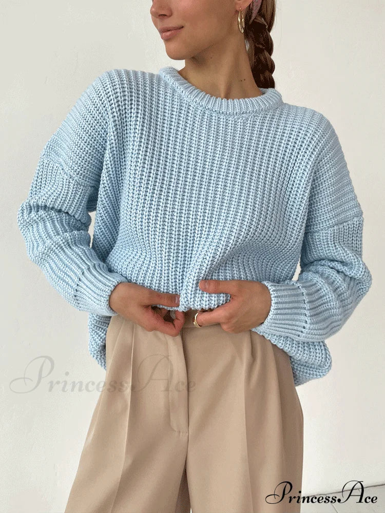 Knitted Solid Graceful Pocket Sweater Cardigan Blue / S