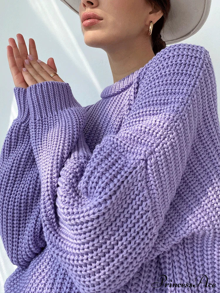 Knitted Solid Graceful Pocket Sweater Cardigan Purple / S