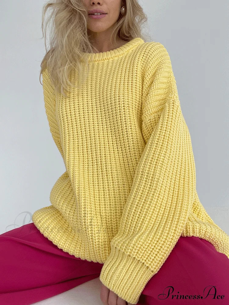 Knitted Solid Graceful Pocket Sweater Cardigan Yellow / S