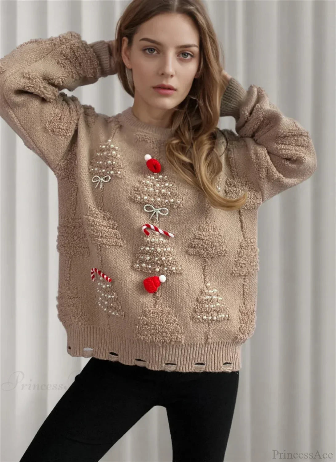 Korean Style O Neck Casual Loose Jumper Chic Bow Christmas Sweater Khaki / S Sweaters-L