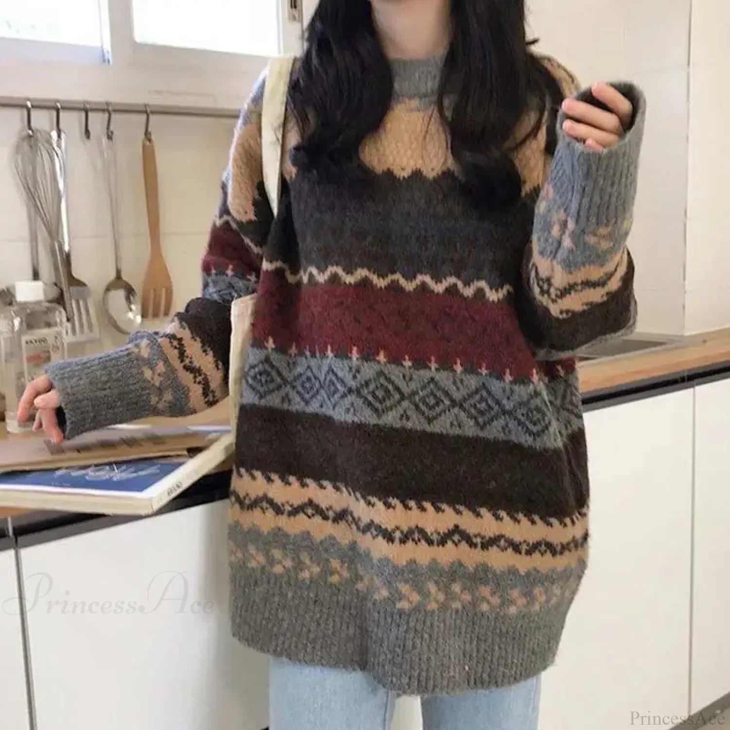 Korean Style Striped Loose Pullover Sweater Grey / One Size