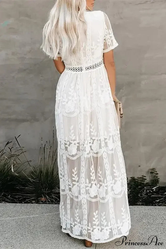 Lace Embroidery Patchwork Long Sleeve White Boho Dress