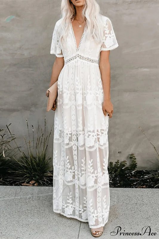 Lace Maxi Dress Vintage White Deep V-neck Summer Dress
