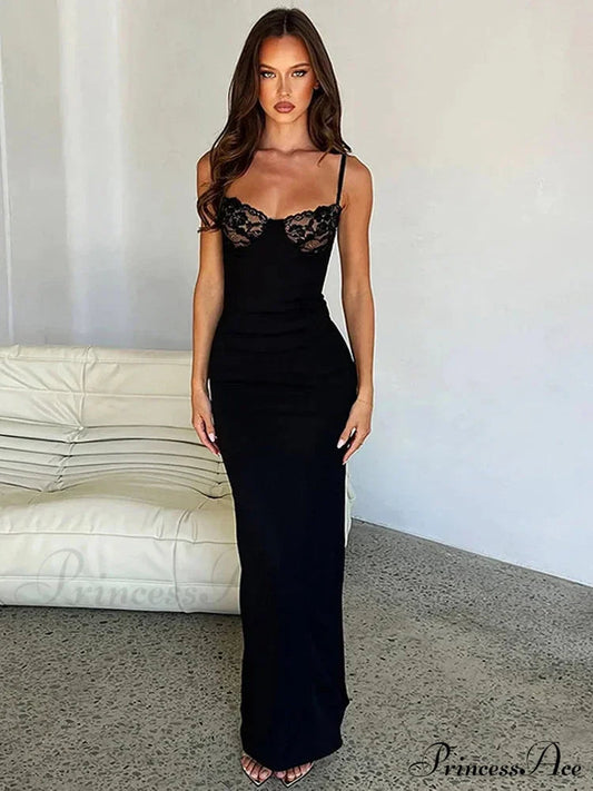 Lace Trim Backless Maxi Party Dress