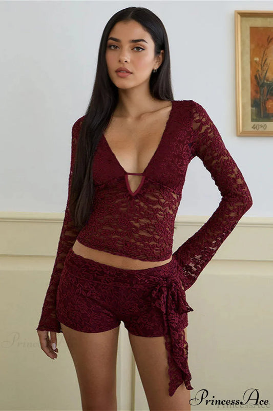 Lace V Neck Cutout Long Sleeve Tee