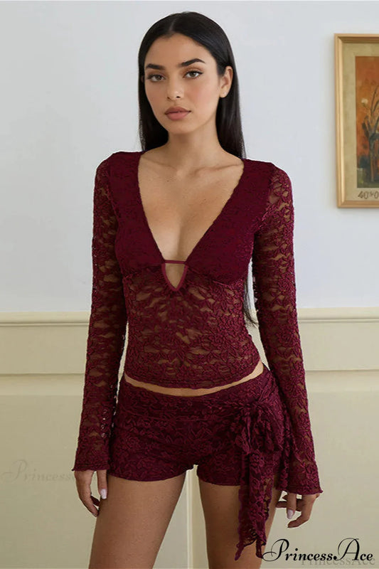 Lace V Neck Cutout Long Sleeve Tee