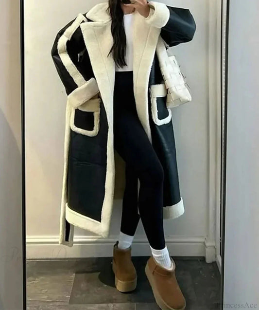 Lambwool Patchwork Leather Long Coat black and white / S