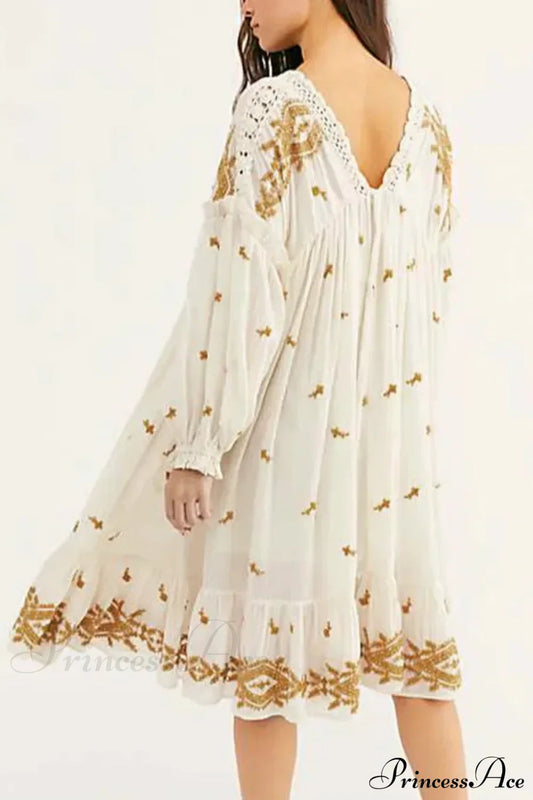 Lantern Long Sleeve Cotton Rayon Embroidery Dress