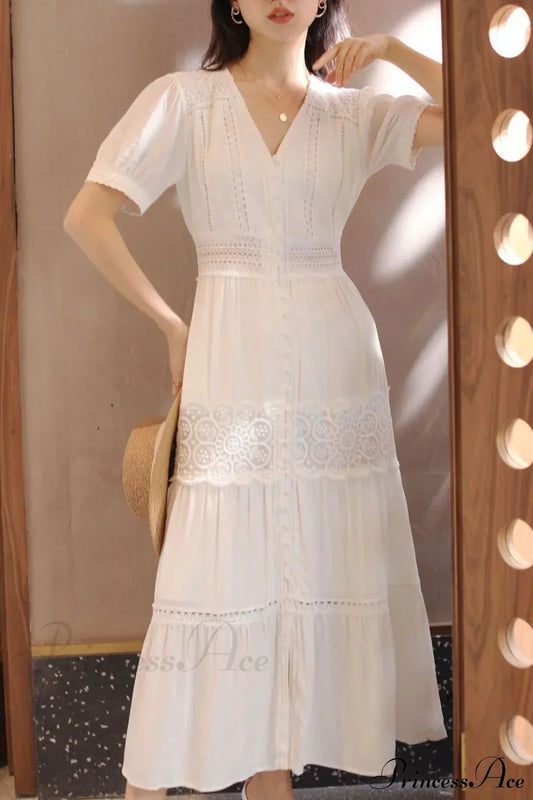 Lantern Sleeve Cotton Rayon Lace Splice Long Dress Vintage White V-neck