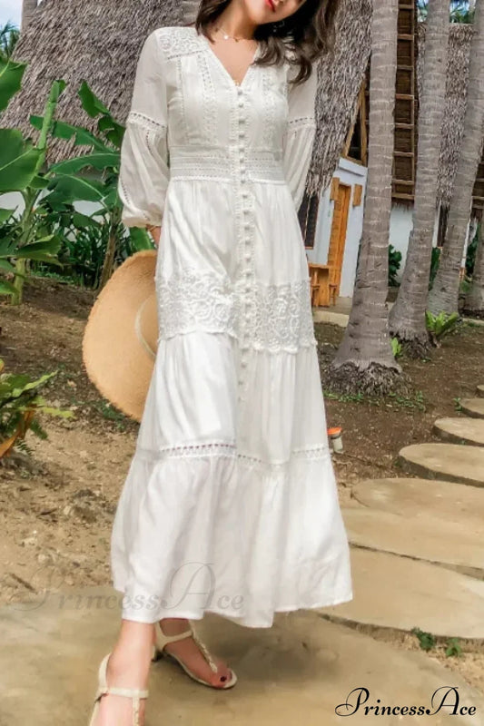 Lantern Sleeve Cotton Rayon Lace Splice Long Dress Vintage White V-neck