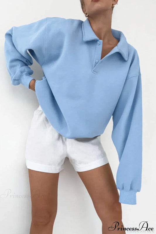 Lantern Sleeve Polo Collar Loose Sweatshirt