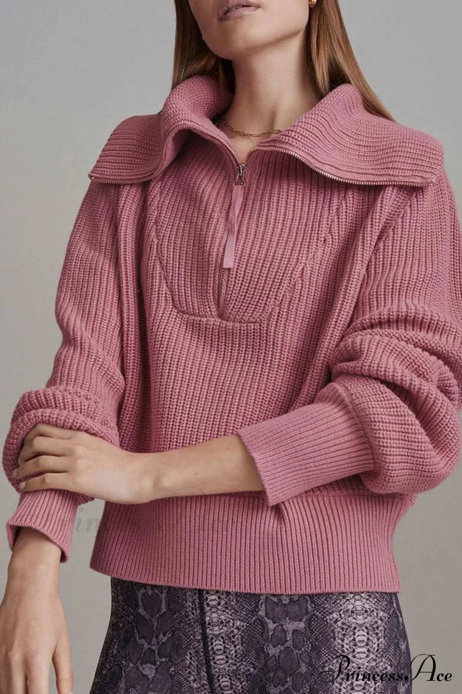 Lapel Zipper Sweater Pink / S Sweaters-L
