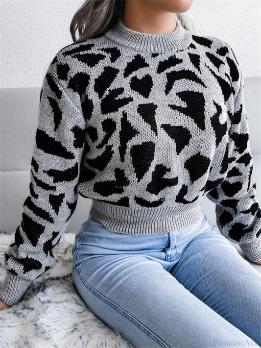 Leopard Pattern Waist Collection Round Neck Sweater Gray / S