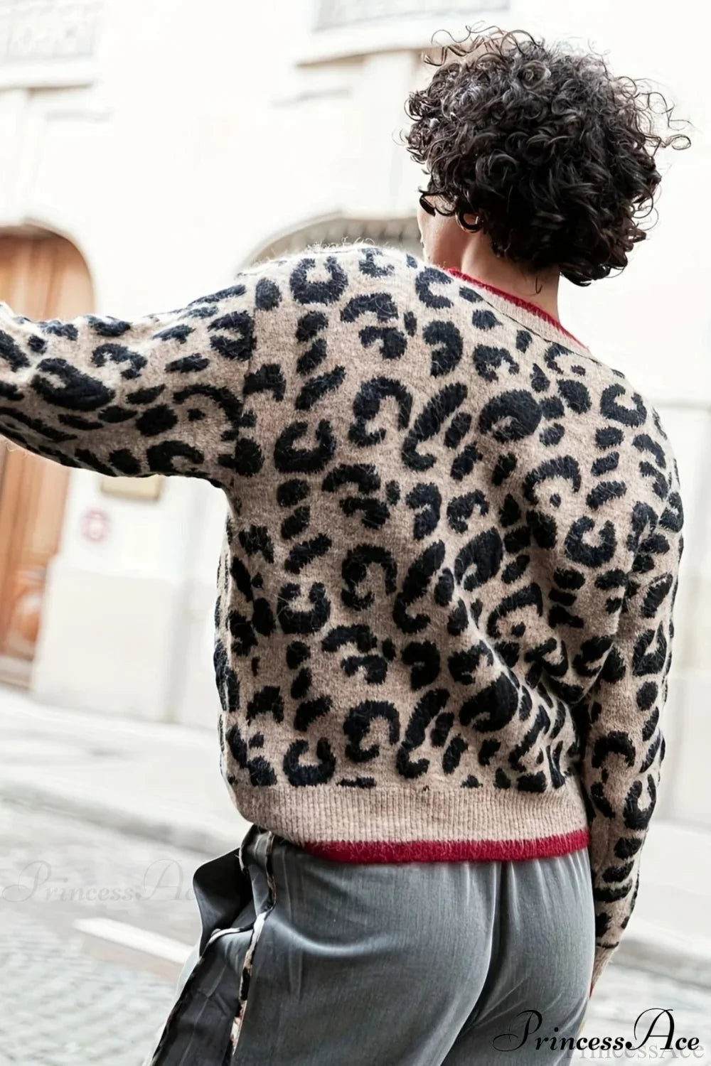 Leopard Print Crewneck Cardigan Sweater