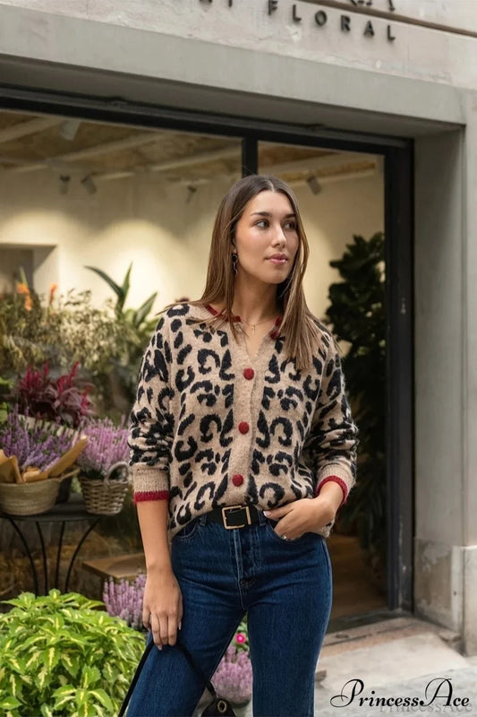 Leopard Print Crewneck Cardigan Sweater