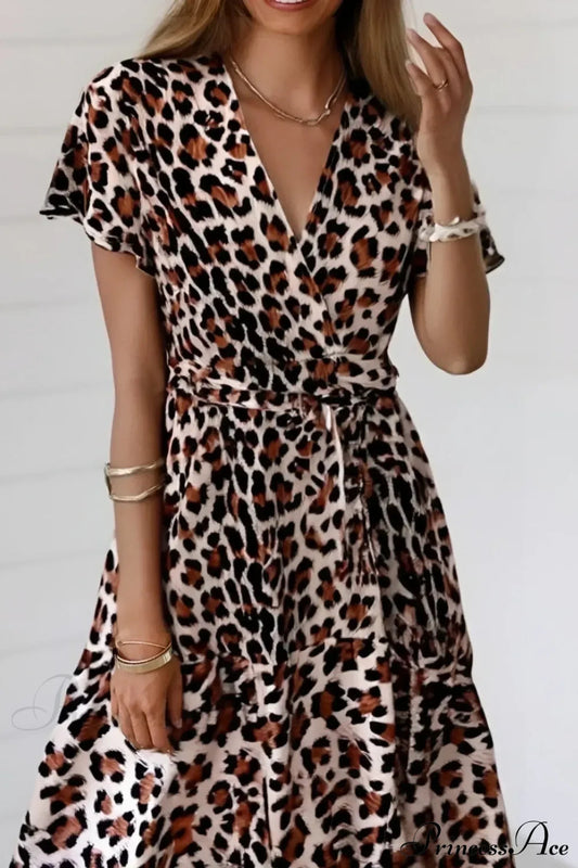 Leopard Print Vacation Wrap Mini Boho Dress