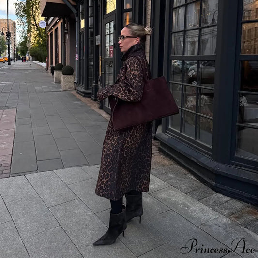Leopard Stand Collar Stylish Long Overcoat