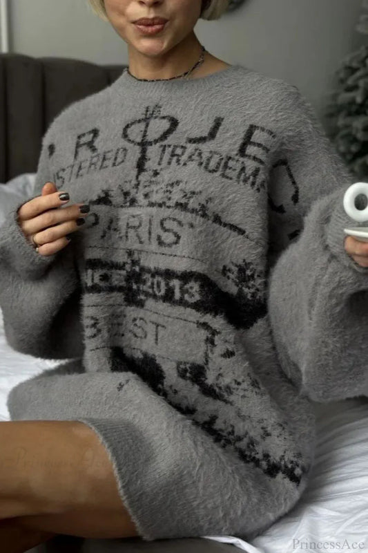 Letter Crew Neck Loose Mid Long Knit Sweater