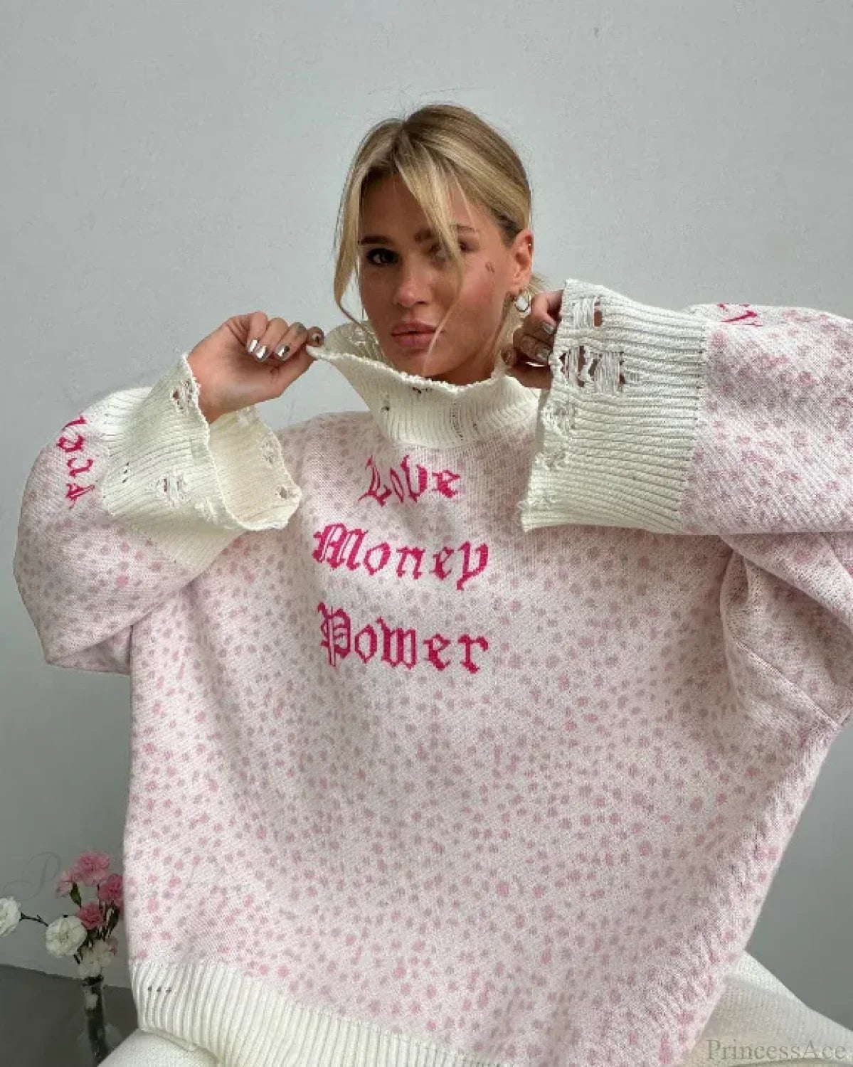 Letter Embroidery Lazy Style Sweater Leopard Print / One Size