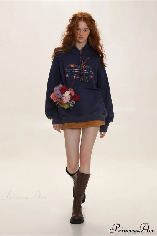 Letter Embroidery Relaxed Thickened Hoodie