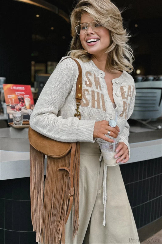 Letter Jacquard Cropped Drawcord Cardigan Sweater