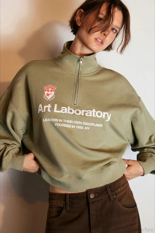 Letter Print Half Zip Stand Collar Loose Sweatshirt