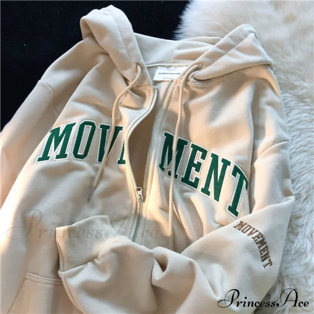 Letter Print Vintage Zip Up Oversize Jacket Apricot 2 / S