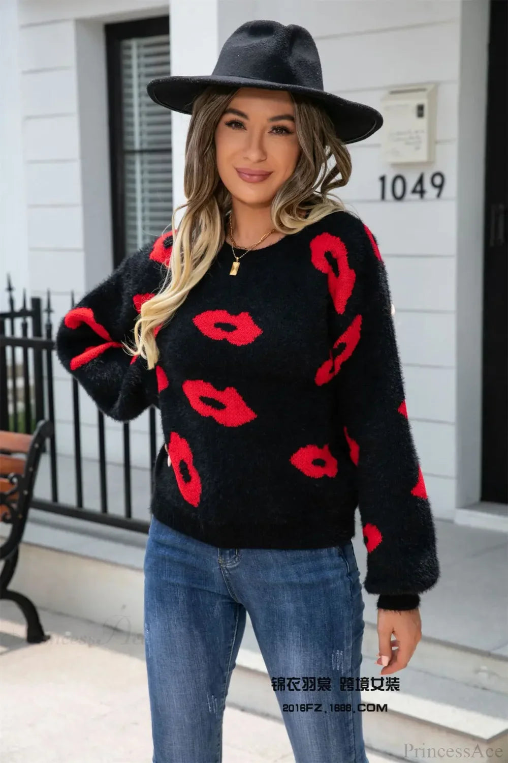 Lip Fur Crochet Work Sweater Black / S