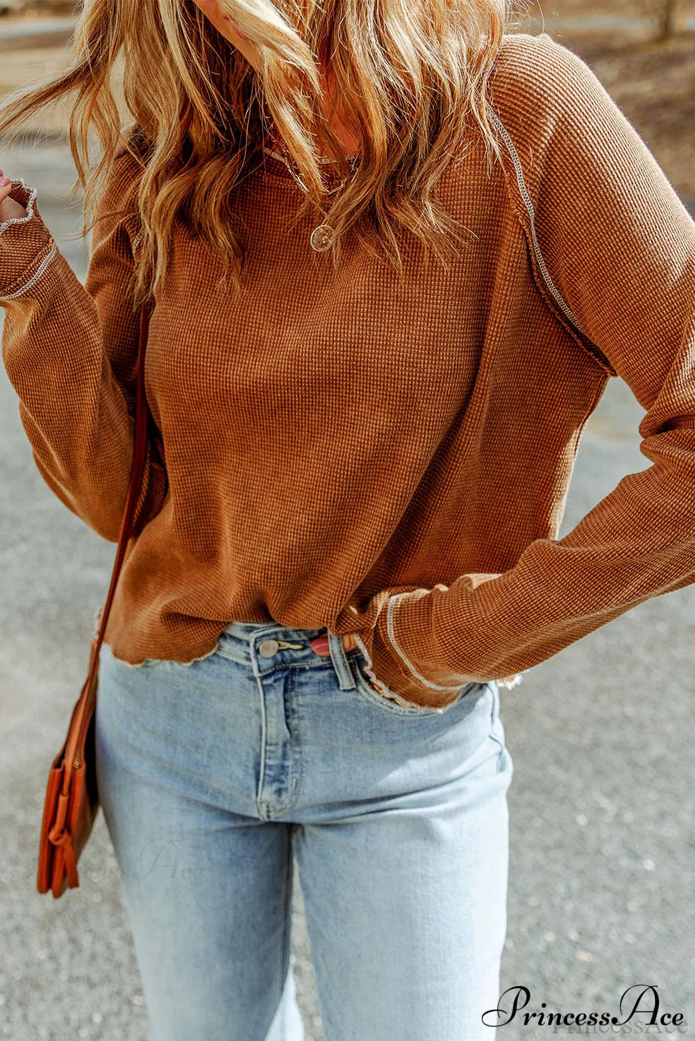 Long Round Arm Neck Brown Textured Top Tops